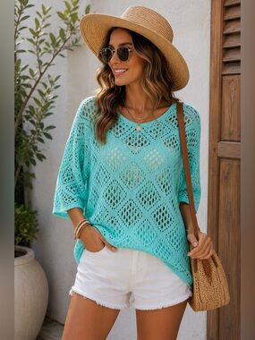 Aqua Crochet Open Knit Tunic Sweater Top 3/4 Sleeve Oversized Boho Large